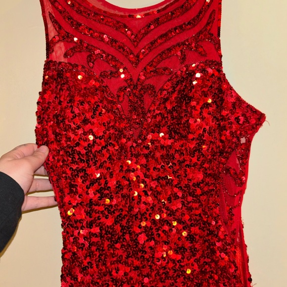 2000s Red Sequin Embellished Sleeveless Midi Prom Dress - Picture 1 of 12